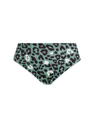 Leopardprint bikini onderkant in groene, zwarte en witte tinten. Gemaakt van zachte stof met een klassieke, hoge taille snit.