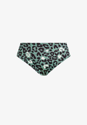 Leopardprint bikini onderkant in groene, zwarte en witte tinten. Gemaakt van zachte stof met een klassieke, hoge taille snit.
