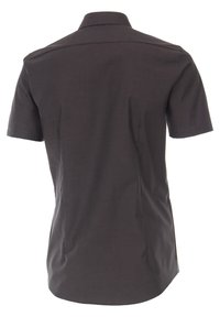 Korte mouw shirt, donkergrijze stof, button-down kraag, gladde textuur, slim fit met zijnaden, strakke silhouet, geen zichtbare patronen.