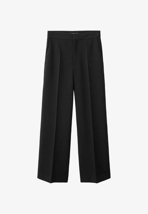 Crne široke hlače izrađene od glatkog materijala, s visokim strukom, pregibima i bočnim džepovima za funkcionalnost.