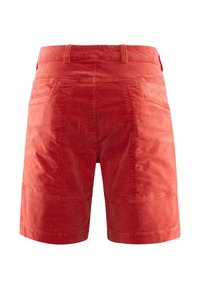 Röda bomullsshorts med en strukturerad yta, flera fickor och stickningsdetaljer. Midjebandet har bältesöglor.