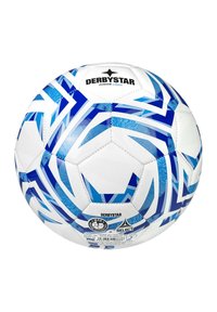 Pallone da calcio Derbystar Junior Light, bianco con motivi geometrici blu, superficie testurizzata e pannelli esagonali. Include dettagli di branding.