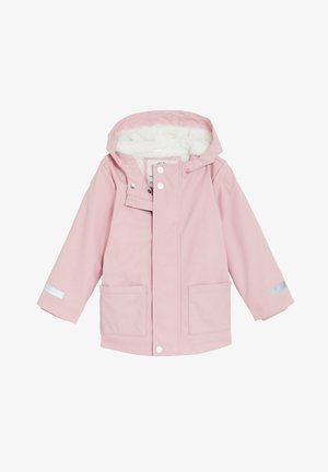 Chaqueta impermeable para niños con capucha en color rosa claro, forrada con peluche blanco sintético, botones a presión delanteros, dos bolsillos frontales y tiras reflectantes en las mangas.