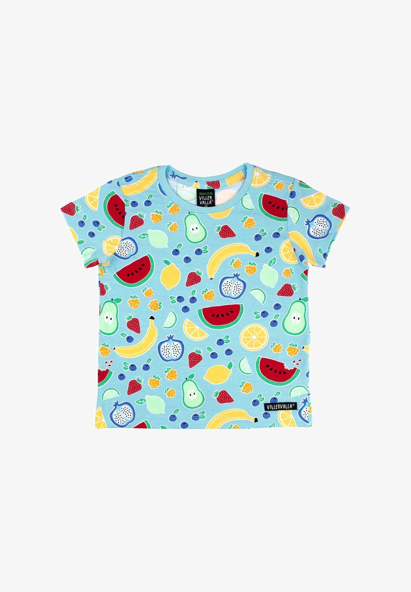 Světle modré tričko s krátkým rukávem s barevným ovocným vzorem, který zahrnuje vodní meloun, banány a jahody. Materiál 100% bavlna.