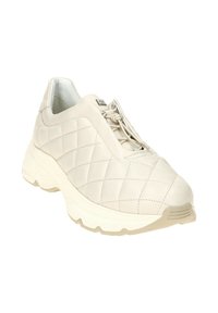 Beige, gesteppte Sneaker mit runder Spitze, elastischem Schnürverschluss und strukturiertem Gummisohle für guten Halt. Aus weichem, glattem Leder.