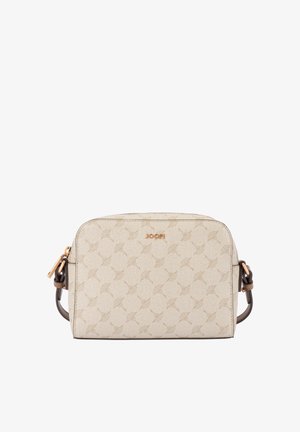 Beige Umhängetasche mit dunkelbraun verstellbarem Riemen, goldfarbenem Reißverschluss und dezentem JOOP!-Fanmuster sowie goldfarbenem Markenlogo auf der Vorderseite.