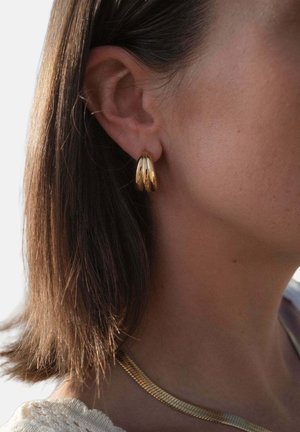 Nahaufnahme eines Frauenohres mit kurzem braunem Haar, das einen großen goldenen Creolen-Ohrring und eine goldene Kettenkette trägt.