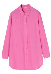 Chemise rose à manches longues en tissu léger avec un devant boutonné, un col classique et un ourlet arrondi. Boutons assortis.