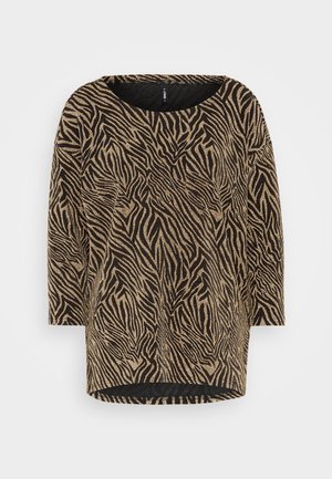 Haut en imprimé zèbre avec un col rond, une palette de couleurs noir et or, des manches longues et une coupe décontractée, doté d'un tissu doux et texturé.