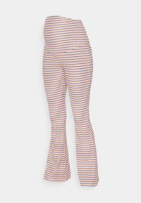 Randiga flare leggings i persika, lila och blå, med en elastisk midja för komfort och ett ribbat mönster hela vägen.