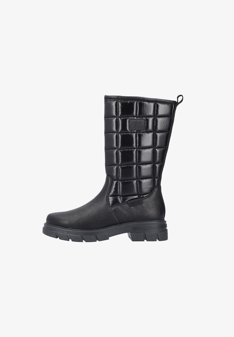 Svarta knähöga stövlar med ett kviltat syntetiskt övre, texturerade detaljer och en solid gummisula. Har en dragflik för enkel påtagning.