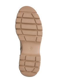 Semelle de chaussure en caoutchouc avec une surface texturée, présentant des motifs linéaires et circulaires, de couleur beige clair. Taille 37 indiquée au centre.