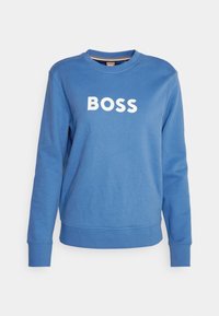 Blue crew-neck sweatshirt made of soft fabric, featuring a white "BOSS" logo across the chest and ribbed cuffs and hem.
