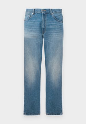 Jeans in denim blu a gamba dritta con macchie sbiadite su cosce e ginocchia, dotati di classico design a cinque tasche e chiusura con bottone.