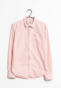 Light pink long-sleeve button-up shirt made of textured cotton, featuring a chest pocket with a small logo, and a button-down collar.