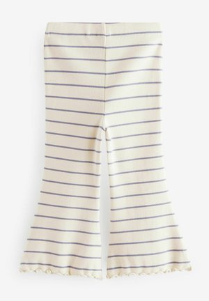 Cremefarvede leggings med marineblå vandrette striber, ribbet tekstur, udvidet kant og bølget detaljering ved benåbningerne.