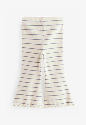 Leggings de culoare crem cu dungi orizontale bleumarin, textură canelată, tiv evazat și detalii zimțate la deschiderea picioarelor.