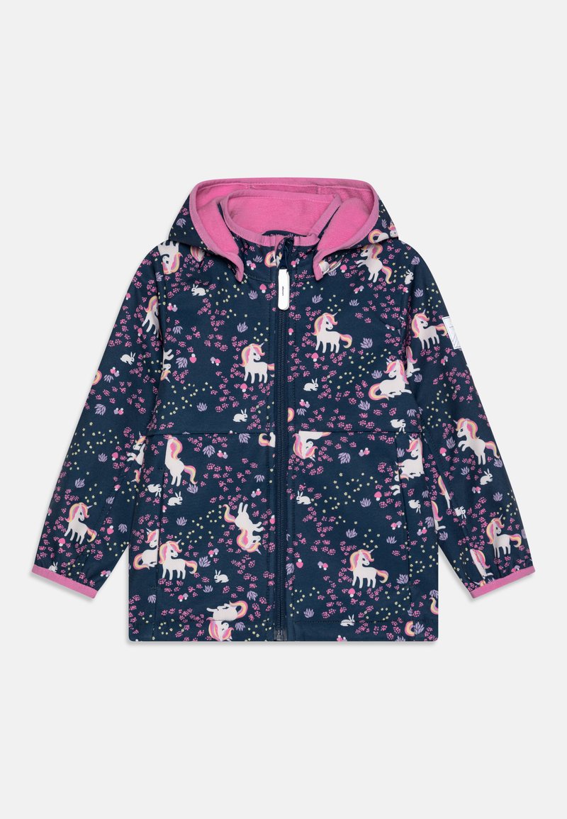 Marintröja för barn med ett enhörnings- och blommönster, rosa detaljer, dragkedjestängning och huva. Mjuk tyg med en slät yta.