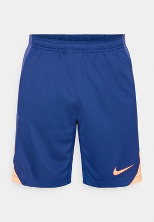 Shorts d'athlétisme bleus en tissu respirant, avec une taille élastique et le logo Nike orange en bas à gauche.