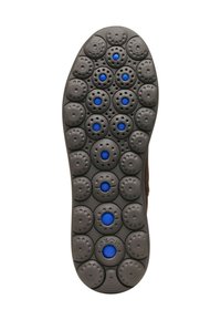 Sole in gomma con un design a motivo che presenta pod circolari e accenti blu. Base grigio scuro con superficie testurizzata per una maggiore aderenza.