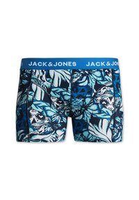 Les boxers pour hommes présentent une ceinture élastique bleue avec le logo "JACK & JONES" et un motif floral vif dans des tons de bleu et de blanc.