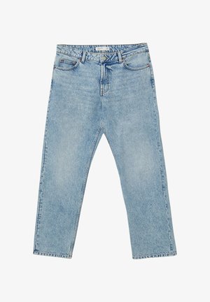 Jeans in denim azzurro chiaro con vestibilità rilassata, gamba dritta, design a cinque tasche e cuciture in evidenza. Chiusura con button e zip.