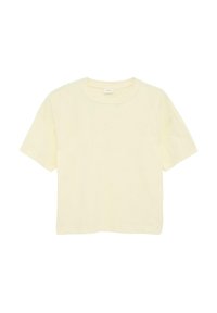 Gelbes T-Shirt mit kurzen Ärmeln aus weicher Baumwolle. Verfügt über einen runden Halsausschnitt, eine lockere Passform und eine glatte Textur ohne Muster oder Akzente.