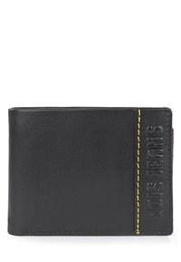 Billetera de cuero negro con el logo "LOIS JEANS" en relieve, con costuras amarillas a lo largo del borde. Forma rectangular con un acabado texturizado.