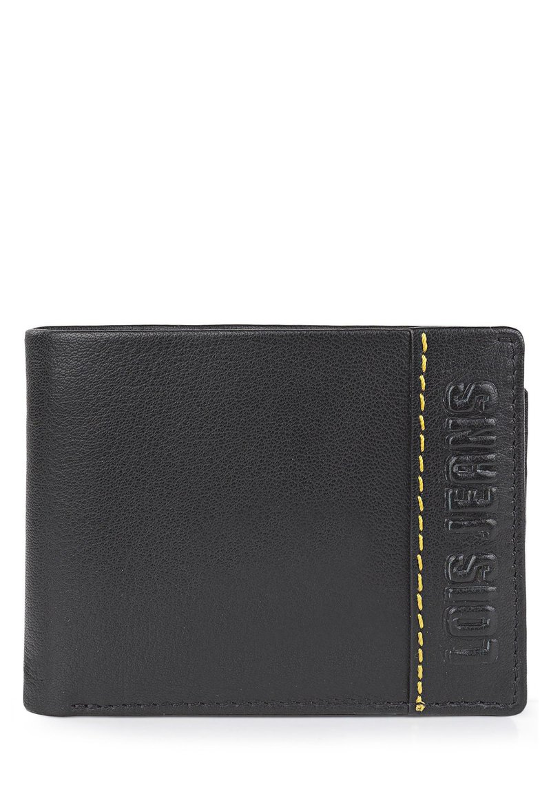 Billetera de cuero negro con el logo "LOIS JEANS" en relieve, con costuras amarillas a lo largo del borde. Forma rectangular con un acabado texturizado.