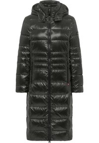 Dlouhý černý lesklý péřový kabát s horizontálním prošíváním, přední zip, zapínací boční kapsy a připojená kapuce.
