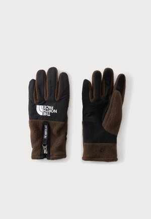 Ζευγάρι καφέ και μαύρα γάντια fleece με το λογότυπο The North Face και φερμουάρ στον καρπό, εμφανιζόμενα από την παλάμη και την πίσω όψη.
