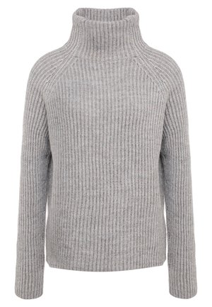 Light grey knitted sweater with a high neck, ribbed texture, and long sleeves, featuring raglan shoulder seams for a relaxed fit.