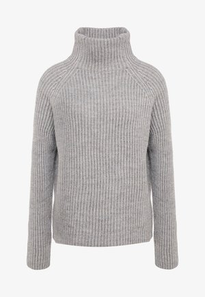 Light grey knitted sweater with a high neck, ribbed texture, and long sleeves, featuring raglan shoulder seams for a relaxed fit.