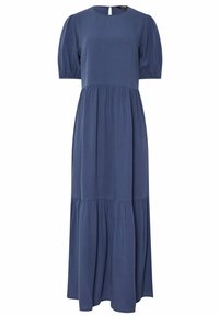 Robe bleu marine, longueur genoux, fabriquée en tissu doux. Comprend un col rond, des manches bouffantes et un design de jupe à volants. Détail d'une fente à l'arrière.