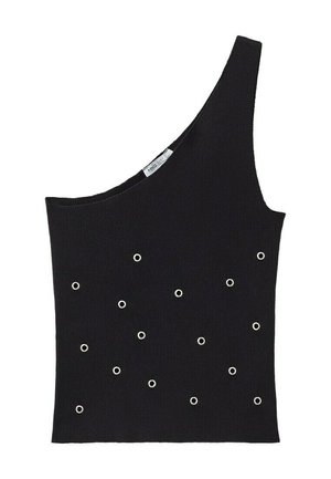 Haut noir en maille à une épaule avec de petits œillets argentés dispersés sur le devant, portant une étiquette "MNG".