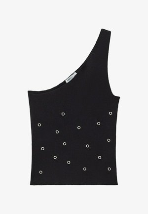 Top negru cu un umăr din tricot, prevăzut cu mici inele argintii împrăștiate pe partea frontală, având o etichetă cu inscripția "MNG".