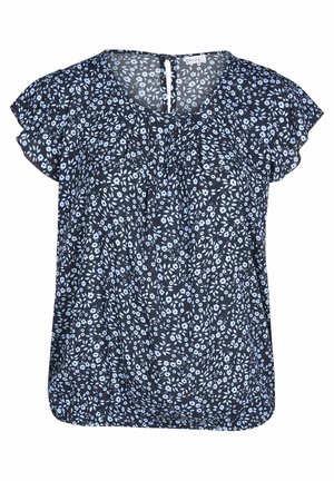 Blusa negra de manga corta con estampado floral azul claro, escote redondo, pequeña abertura en la espalda y mangas acampanadas.