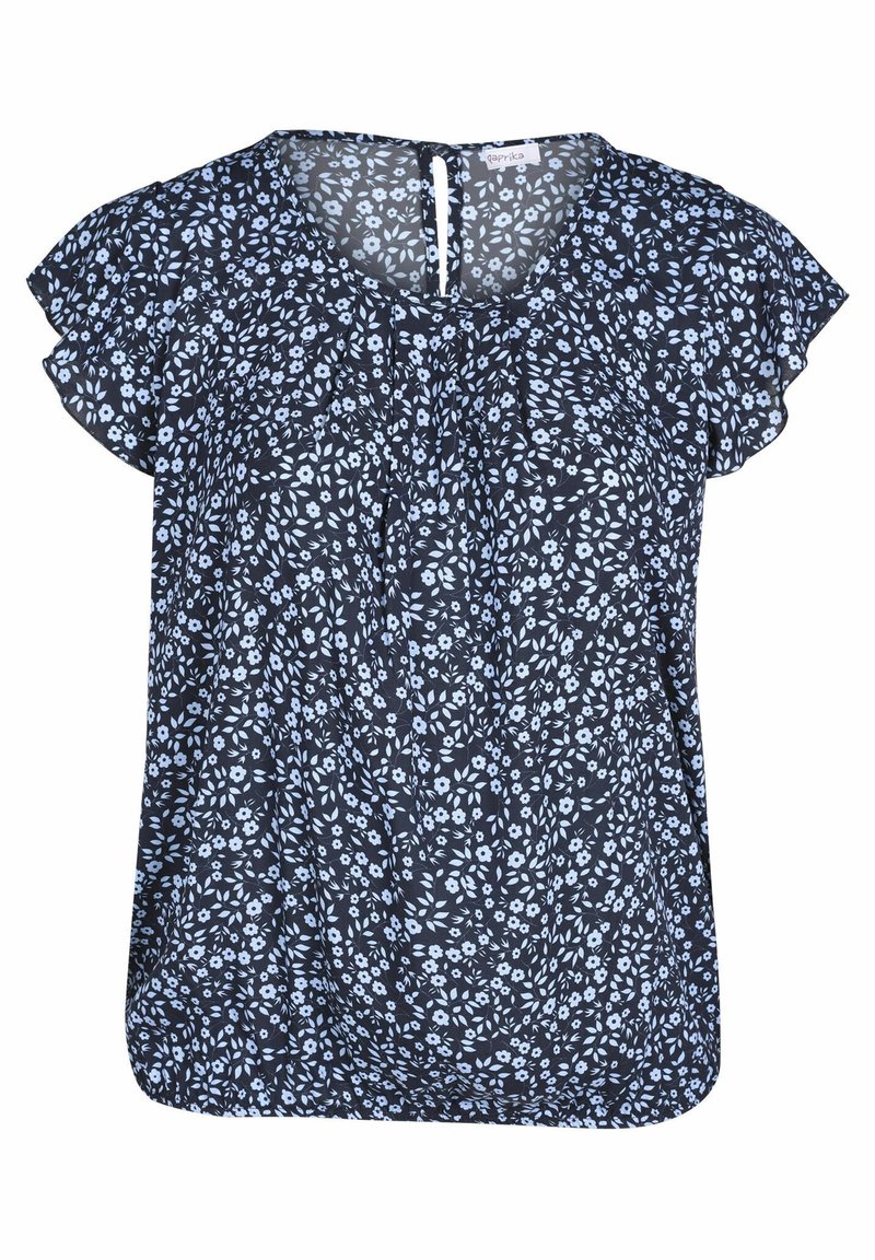 Blouse noire à manches courtes avec motif floral bleu clair, encolure ronde, petite ouverture en forme de goutte dans le dos et manches volantées.