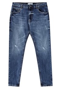 Jean slim bleu avec légère usure sur les cuisses et les poches, doté d'un style cinq poches et d'une taille à fermeture par bouton.