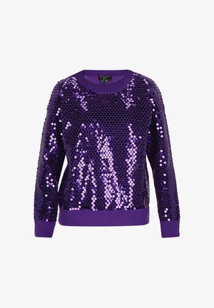 Ljubičasti pulover s cirkonima, s okruglim izrezom, dugim rukavima i rebrastim manžetama. Cirkoni su različitih veličina, stvarajući teksturirani, blistavi efekt.