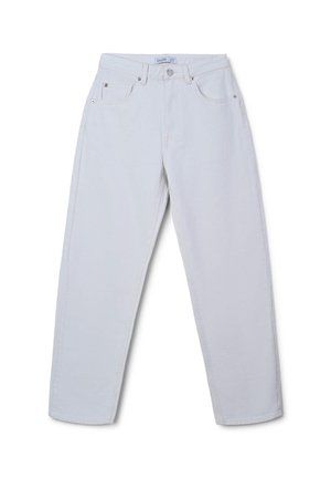 Jeans grigio chiaro in denim, con taglio dritto, cinque tasche e chiusura classica con bottoni e cerniera.