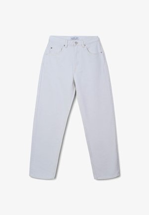 Jeans grigio chiaro in denim, con taglio dritto, cinque tasche e chiusura classica con bottoni e cerniera.