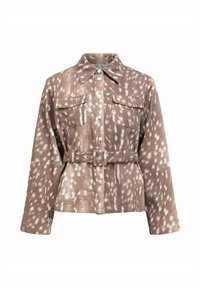 Braun gemusterte Jacke mit Taillengürtel, Druckknöpfen und zwei Brusttaschen. Hat einen kragenlosen Ausschnitt und einen weichen, strukturierten Stoff.