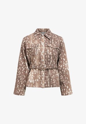 Brown patterned jacket with a belted waist, snap buttons, and two chest pockets. Features a collared neckline and a soft, textured fabric.