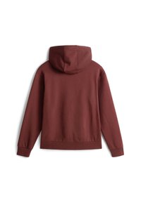 Felpa bordeaux con tasca a marsupio, polsini e orlo ribattuti, caratterizzata da una consistenza morbida e cappuccio con cordino.