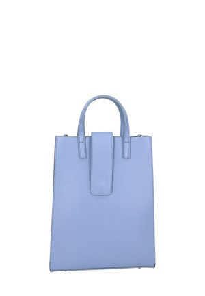 Sac à main bleu clair en cuir lisse, de forme rectangulaire, avec des poignées robustes et un rabat avant avec des accents de couture.
