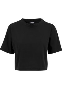 T-shirt court noir à manches courtes avec encolure ronde et étiquette Urban Classics à l'intérieur du col, taille XS.