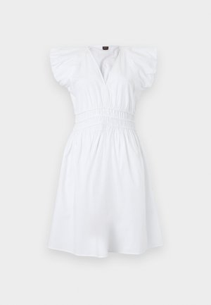 White knee-length dress with V-neck, ruffled short sleeves, and ruched waist detail, displayed on a neutral background.