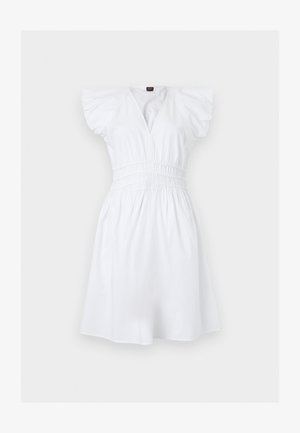 White knee-length dress with V-neck, ruffled short sleeves, and ruched waist detail, displayed on a neutral background.