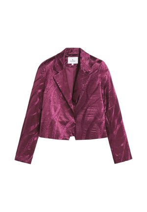 Sacou scurt de culoare burgundă cu o textură satinată fină, rever cu tăietură, și modele abstracte în forme de valuri. Închidere cu un singur nasture.